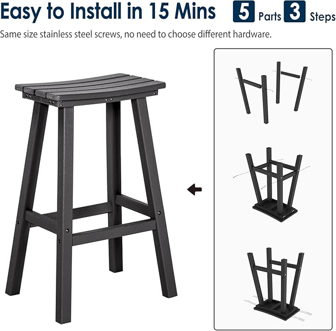 nalone 29 Inch Outdoor Bar Stool, HDPE Bar Chairs with Footrest, Weather Resistant Waterproof Bar Stools Outside Bar Height Stools for Bar, Kitchen Counter, Yard, Balcony(Black, 29'' Barstools)