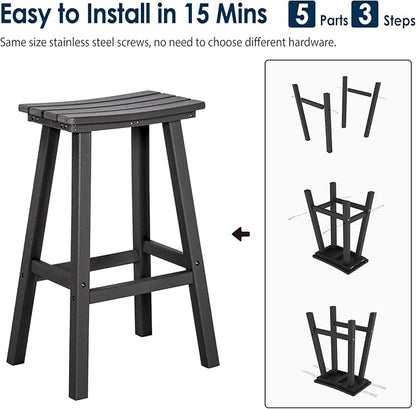 nalone 29 Inch Outdoor Bar Stool, HDPE Bar Chairs with Footrest, Weather Resistant Waterproof Bar Stools Outside Bar Height Stools for Bar, Kitchen Counter, Yard, Balcony(Black, 29'' Barstools)