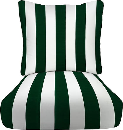RSH DECOR Deep Seating Cushion with Pillow Back | 22” x 25” x 5" Seat | Water and Fade-Resistant Spun Fabric | Made in USA | Outdoor Chair Cushion Set for Patio (Hunter Green & White Stripe)