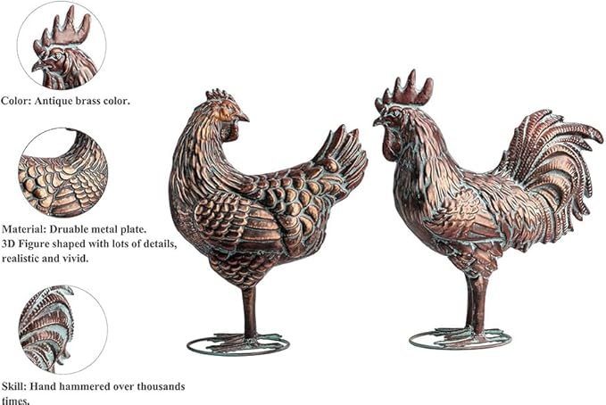 Metal Chicken Yard Decor, Farmhouse Metal Rooster Hen Yard Art, Outdoor Chicken Garden Statues, Antique Copper Hen and Rooster Sculptures Ornament for Backyard Patio Lawn Home Kitchen Decorations