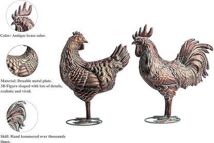 Metal Chicken Yard Decor, Farmhouse Metal Rooster Hen Yard Art, Outdoor Chicken Garden Statues, Antique Copper Hen and Rooster Sculptures Ornament for Backyard Patio Lawn Home Kitchen Decorations