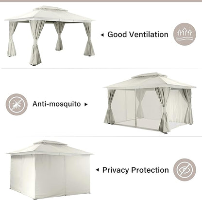 LAUSAINT HOME Outdoor Patio Gazebo 10'x13' with Expansion Bolts, Heavy Duty Gazebos Shelter Party Tent with Double Roofs, Mosquito Nettings and Privacy Screens for Backyard, Garden, Lawn, Cream White