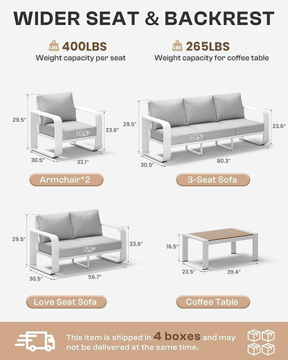 Aluminum Outdoor Patio Furniture Set 5 Piece, Oversized Patio Conversation Sets Widened Armrest & Ultra-Thick Cushions, Deep Seating Modern Sectional Furniture for Backyard, Porch, White