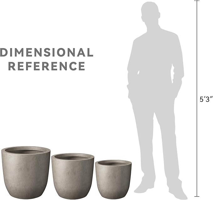 Kante 20",16.5",13.4" Dia Round Concrete Planters (Set of 3), Outdoor Indoor Modern Decorative Plant Pots with Drainage Hole & Rubber Plug for Home & Garden, Weathered Concrete