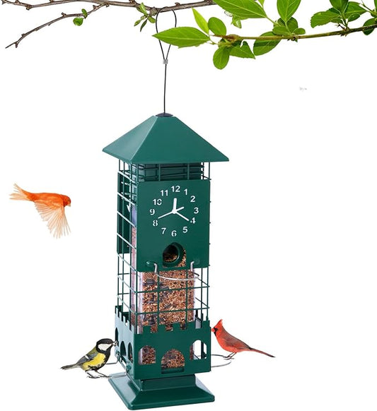 Squirrel Proof Bird Feeders Metal Mesh Anti Squirrels Wild Bird Feeder for Outdoors Hanging Weight Activated Waterproof for Finch Cardinal and Chickadee Easy to Fill, Decor Backyard (Green)