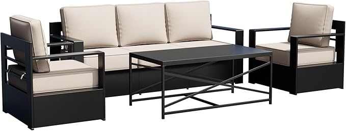 Outdoor Patio Furniture Set, 4-Piece Aluminum Patio Conversation Set All-Weather Metal Outdoor Sectional with 6 Inch Thick Cushions, Deep Setting for Garden, Outside and Porch