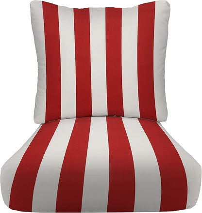RSH DECOR: Deep Seating Cushion with Pillow Back | 23” x 26” Seat | All-Weather Spun Fabric | Water and Fade-Resistant | Outdoor Chair Cushion Set for Patio Furniture | Red & White Stripe
