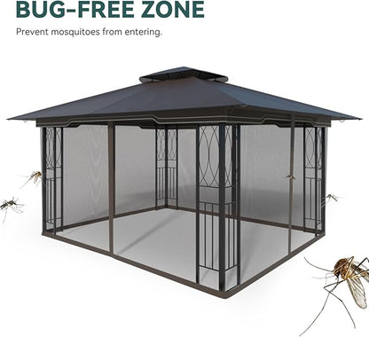 11x13 Outdoor Patio Gazebo with Mosquito Netting and Corner Frame Screen Wall, Double Roofs Metal Frame Party Canopy Tent Shelter for Backyard Garden Deck - Brown