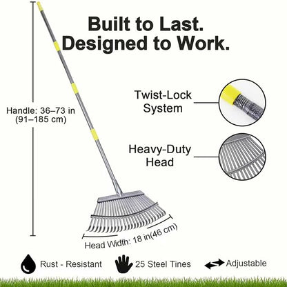 Leaf Cleanup Kit - Adjustable Metal Rake (36-73 in), 32-Gallon Self-Standing Yard/Garden Waste Bag with Support Hoop, Oversized Leaf Scoops (Leaf Claws) & 2 Pairs of Latex-Coated Gardening Gloves