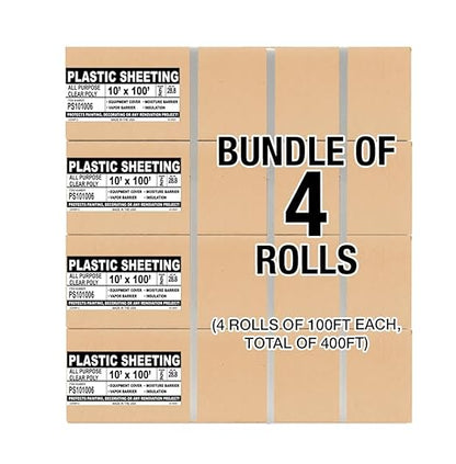 Aluf Plastic Sheeting - 4 Rolls of 10' x 100', 6 MIL Heavy Duty Gauge - Clear Vapor and Moisture Barrier Sheet Tarp/Drop Cloth for Painting, Furniture Covers, Carpet Cover, Floor, Paint, Painters