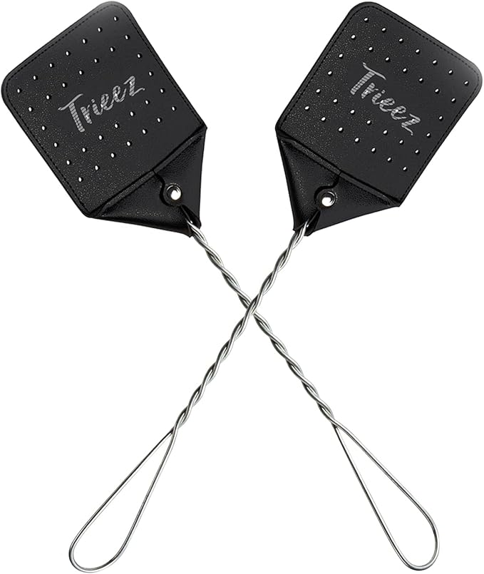 Trieez 2 Pack Sturdy Leather Fly Swatter - 17.5” Heavy Duty Flyswatter with Durable Metal Handle, Rustic Bug Swatter for Flies, Bees, and More - Black