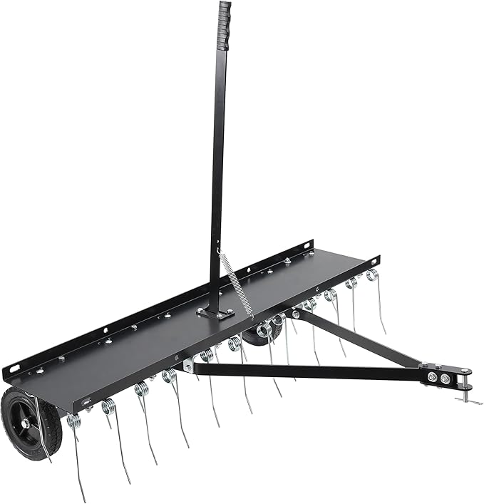 Tow Behind Aerator, 40 inch Lawn Pull Dethatcher with 20 Spring Steel Tines and Lift Handle for Outdoor Yard Care, Lawn Sweeper to Remove Thatch, Leaves and Pine Needles, Black