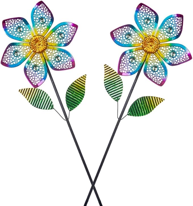 Wind Spinner with Metal Stake, Outdoor Garden Pinwheels Spinners Hollow-Out Flower Shape Design for Yard Lawn Patio Decor (2 Pack)