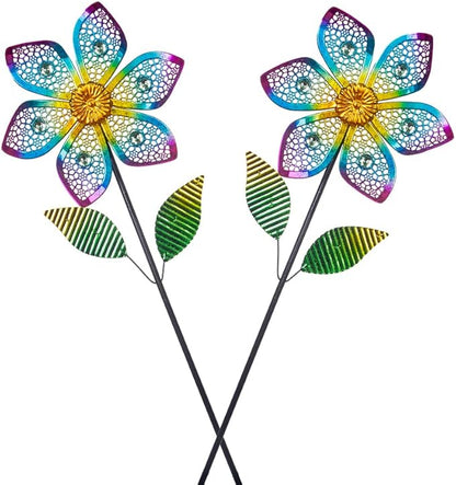 Wind Spinner with Metal Stake, Outdoor Garden Pinwheels Spinners Hollow-Out Flower Shape Design for Yard Lawn Patio Decor (2 Pack)