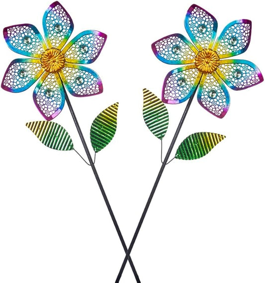 Wind Spinner with Metal Stake, Outdoor Garden Pinwheels Spinners Hollow-Out Flower Shape Design for Yard Lawn Patio Decor (2 Pack)