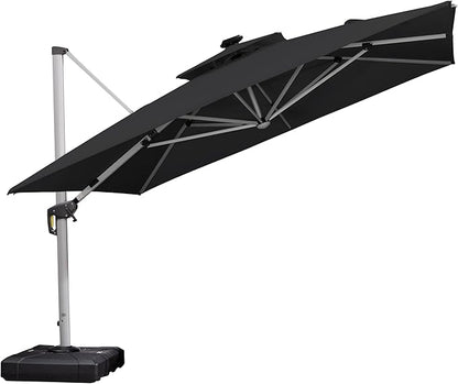 PURPLE LEAF 11 Feet Double Top Deluxe Solar Powered LED Square Patio Umbrella Offset Hanging Umbrella Outdoor Market Umbrella Garden Umbrella, Black