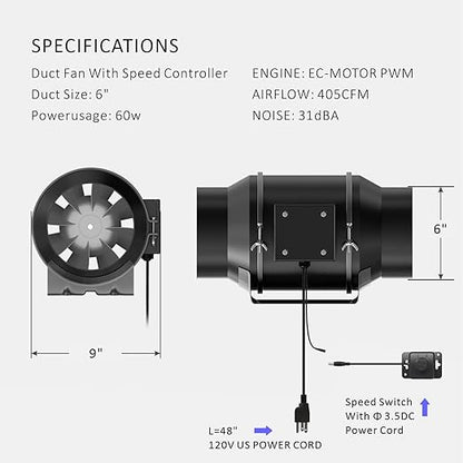 Toolazy Quiet 6" Inline Duct Fan 405 CFM Ventilation Exhaust Fan EC Motor and External 0-100% Variable Speed Controller for Heating Cooling Booster, Grow Tents, Hydroponics