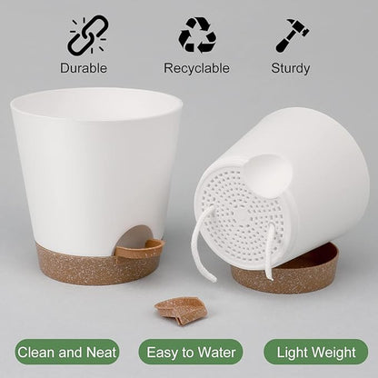 Indoor Self Watering Planters with Drainage Holes and Saucers, 8, 7, 6.5, 6, 5.5, 5 Inches, White, 6 Pots