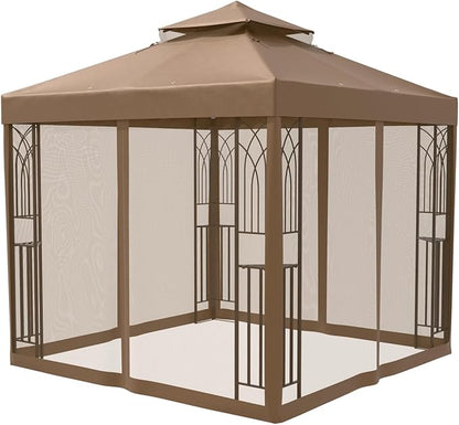 COOS BAY 8x8 Outdoor Patio Gazebo with Netting and Corner Shelves, Two-Tier Soft Top Canopy for Backyard, Lawn, Deck and Garden, Brown