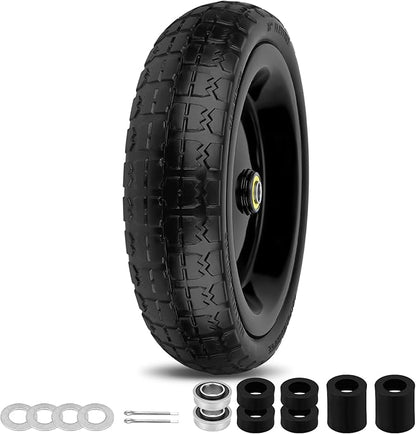13 Inch Flat Free Wheels Tires 4.00-6 Solid Replacement with Universal 5/8" Axle Bore Hole, 4 Spacers and 2 Pins, for Wheelbarrow, Garden Wagon, Hand Truck, Trolley, Lawn Mower, 1 Pack