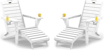 Folding Adirondack Chairs Set of 2,Adirondack Chair with Retractable Ottoman,Plastic Adirondack Chairs with 2 Cup Holder,Weather Resistant Patio Chair,Outdoor Chairs Set of 2(White)