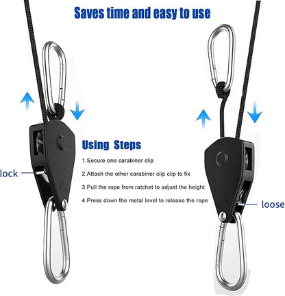 Grow Light Rope Hanger 3Pairs，1/8" 8-Feet Long Heavy Duty Adjustable Rope Clip Hanger, Adjustable Rope Ratchet Hangers 150 Lbs per Pair with Stainless Steel 2.5" S Hook