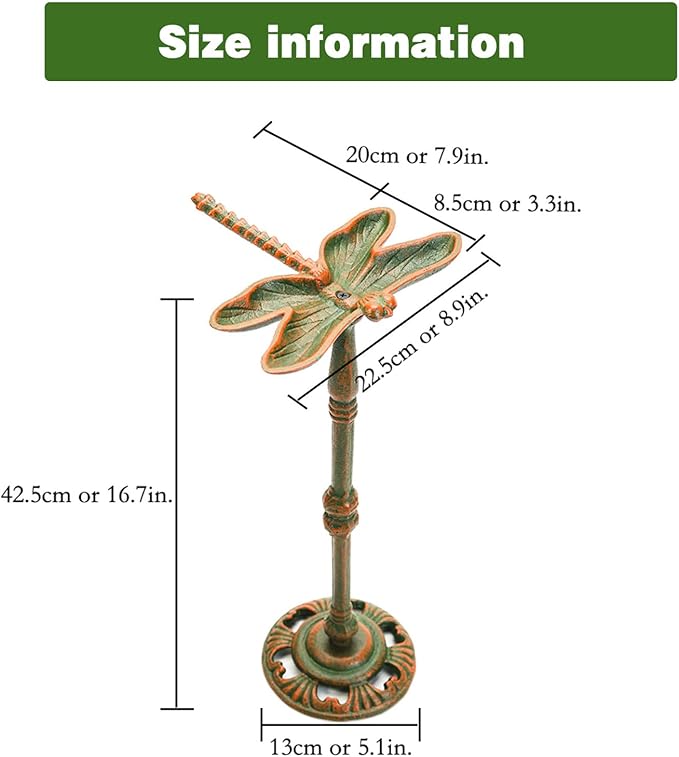Sungmor Heavy Duty Cast Iron Small Bird Bath for Garden - Wild Bird Water Bath Food Holder - Outdoor Yard Standing Feeder with Vintage Special Color & Lovely Dragonfly Shape - Great Garden Ornament