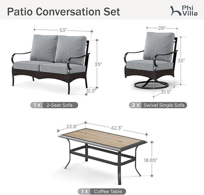PHI VILLA Outdoor Porch Furniture Set, Upgraded Wicker&Metal Deep Seating Patio Furniture Conversation Set with Waterproof Thick Cushions for Balcony, Deck, and Yard (4 Pieces,Grey)
