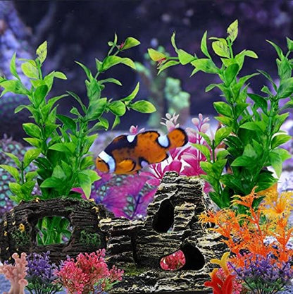 Fish Tank Decorations Plants with Resin Broken Barrel and Cave Rock View, 15pcs Aquarium Decorations Plants Plastic,Fish Tank Accessories, Fish Cave and Hideout Ornaments, Aquarium Decor