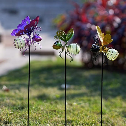 Garden Decor for Outside,3 Pcs Insect Garden Decorative Stakes,Glow in The Dark Bee Metal Yard Art,Waterproof Outdoor Spring Lawn Patio Pathway Decoration for Mom,Women,Grandma