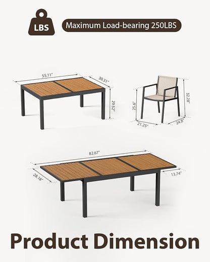 ZANDOR Expandable Outdoor Dining Set for 4-6-8,Patio Table and Chairs Set with Wood Top for Garden,Backyard,Porch,55"-82.7" Extendable Aluminum Outdoor Table Set with 6 Chairs,Grey