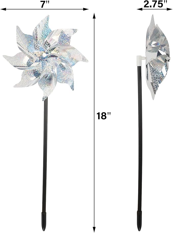 winemana 12 Pcs Reflective Pinwheels Outdoor, Wind Spinners for Yard & Garden, Sparkly Bird Repellent Windmill Scare Birds Away, Deterrent Devices for Outside Patio Lawn Spring Decor (Silver)