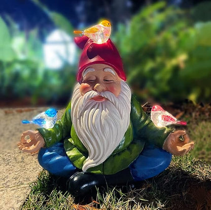Solar Powered Gnome with Red Hat and 3 Birds, Resin Garden Ornament with LED Light, Lawn Figurine Outdoor Decoration Statue (Gnome with 3 Birds)
