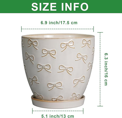 Ceramic Plant Pot 6.9 Inch - Ceramic Planter with Drainage Hole and Saucer Round Planter Flower Pot for Indoor Plants Outdoor Home Garden Office Decor White