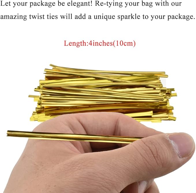 HAHIYO 300Pcs 4 inches Gold Metal Twist Ties Bread Candy Coffee Bag Ties Plant Garden Twist Ties for Cellophane Treat Bags Gift Wraping Bags Plastic Bags Halloween Party Cake Present Art Crafts