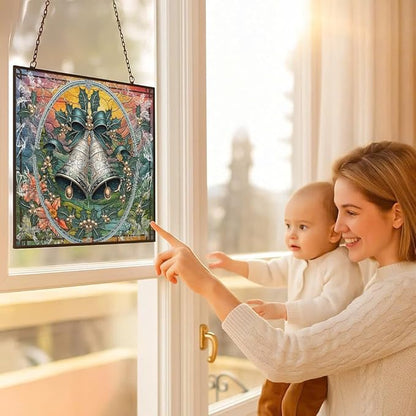 Personalized Rectangle Christmas Bell Suncatchers for Windows, Stained Glass Window Hangings,Hand-Painted Glass Panel Perfect for Home Décor