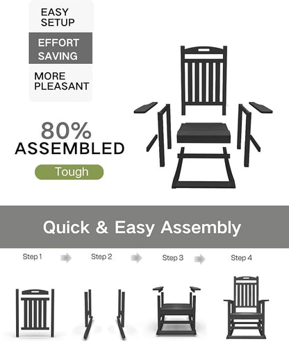 Kingdura Outdoor Rocking Chairs Set of 2, HDPE Plastic Patio Rocking Chair All-Weather Oversized Porch Rocker with High Back for Patio Outside Backyard Balcony (Black)