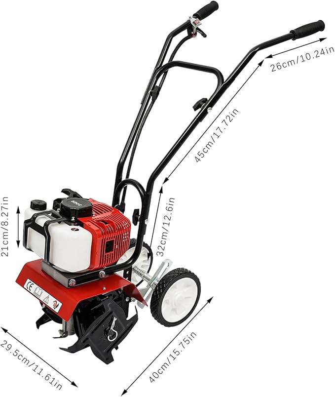 52CC 2 Stroke Mini Tiller Cultivator, Garden Tiller Gas Powered Hand Rotary Cultivator Rototiller Garden Tool with Long Handle for Garden & Lawn, Digging, Weed Removal & Soil Cultivation.