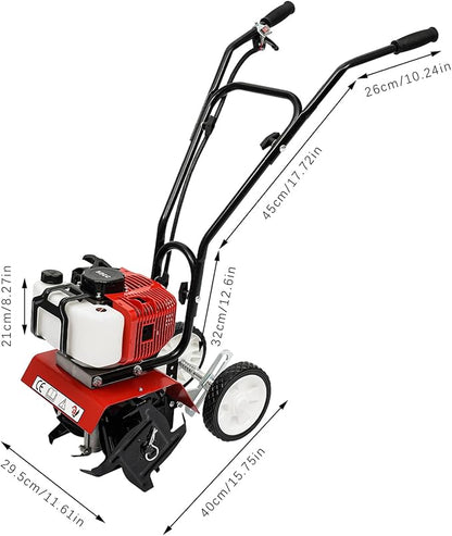 52CC 2 Stroke Mini Tiller Cultivator, Garden Tiller Gas Powered Hand Rotary Cultivator Rototiller Garden Tool with Long Handle for Garden & Lawn, Digging, Weed Removal & Soil Cultivation.