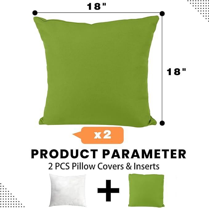 idee-home Outdoor Pillows with Inserts Included, Patio Outside Square Pillows Waterproof Set of 2, 18 x 18 inch Green
