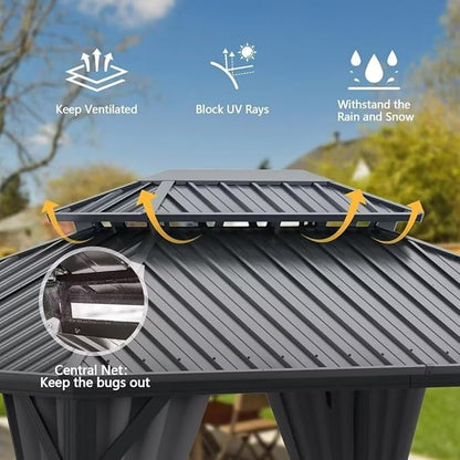 Domi 10’ X 12’ Hardtop Gazebo Canopy with Netting & Curtains, Outdoor Aluminum Gazebo with Galvanized Steel Double Roof for Patio Lawn and Garden, Gray