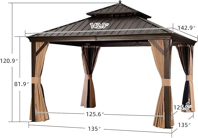 PURPLE LEAF Hardtop Gazebo 12' X 12' Metal Roof with Netting and Curtains Hard Top Backyard Patio Gazebos Permanent Canopy Deck Garden Hot Tub Outdoor Pavilion