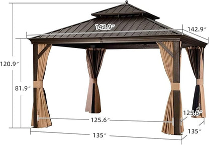PURPLE LEAF Hardtop Gazebo 12' X 12' Metal Roof with Netting and Curtains Hard Top Backyard Patio Gazebos Permanent Canopy Deck Garden Hot Tub Outdoor Pavilion