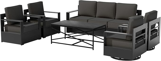 6 PCS Aluminum Patio Conversation Set - 3-Seater Sofa, 2 Swivel Chair, 2 Fixed Chair, 1 Metal Table with 6" Thick Water-insistant Cushions, All-Weather Use Removable Cover (Grey)
