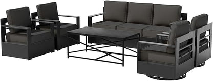 6 PCS Aluminum Patio Conversation Set - 3-Seater Sofa, 2 Swivel Chair, 2 Fixed Chair, 1 Metal Table with 6" Thick Water-insistant Cushions, All-Weather Use Removable Cover (Grey)