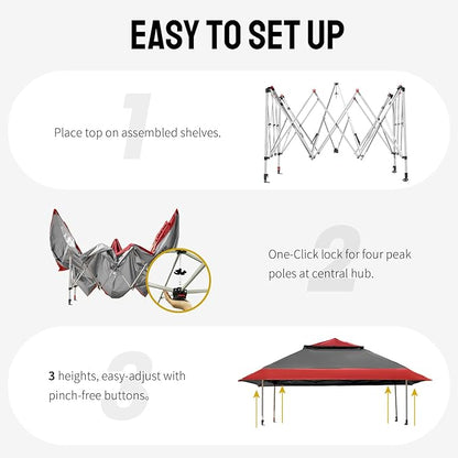 CROWN SHADES 13x13 Pop Up Gazebo, Canopy Tent, Gazebos on Clearance - Outdoor Gazebo for Backyard & Patio Furniture - Carpa Pop Up Tent with Wheeled STO-N-Go Cover Bag (Red & Grey)