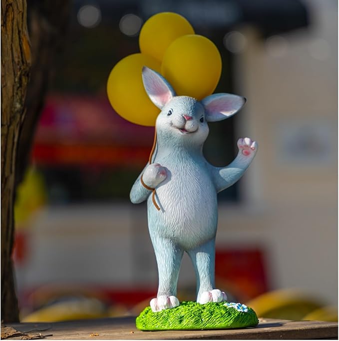 WHIMSYNOOK 11.8" Resin Rabbit with Balloon Solar LED Garden Statue Light, Ideal for Porch, Lawn, Yard, Housewarming, or Birthday Gifts for Mom, Family, and Bunny Lovers