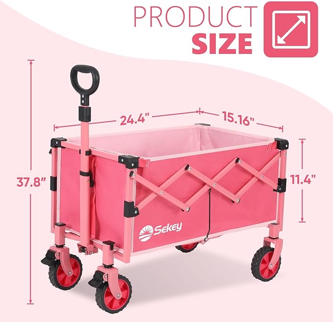 Wagon with Brakes, Foldable Cart with 220LBS Capacity, Utility Lightweight Wagon, Collapsible Grocery Shopping Cart for Camping Sports & Holiday.Pink