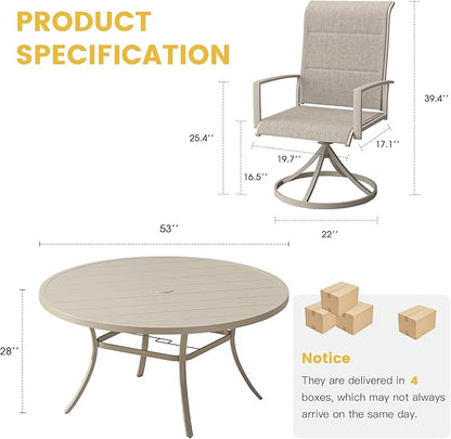 VICLLAX 7 Pieces Patio Dining Set for 6-Outdoor Furniture Includes 53" Round Outdoor Table and Swivel Padded Chairs, Sandshell Color Tabletop and Fabric