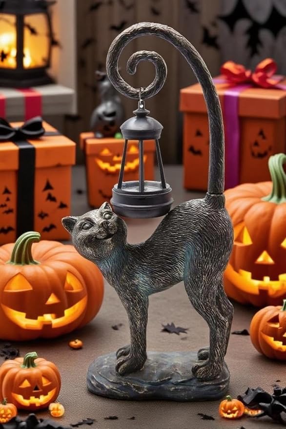 Solar Cat Outdoor Statues Halloween for Garden: Outdoor Decor Cat Figurine for Yard, Lawn, Patio, Porch, Balcony - Animal Art for Home Backyard - Birthday Gifts for Women Grandma Mom Sister
